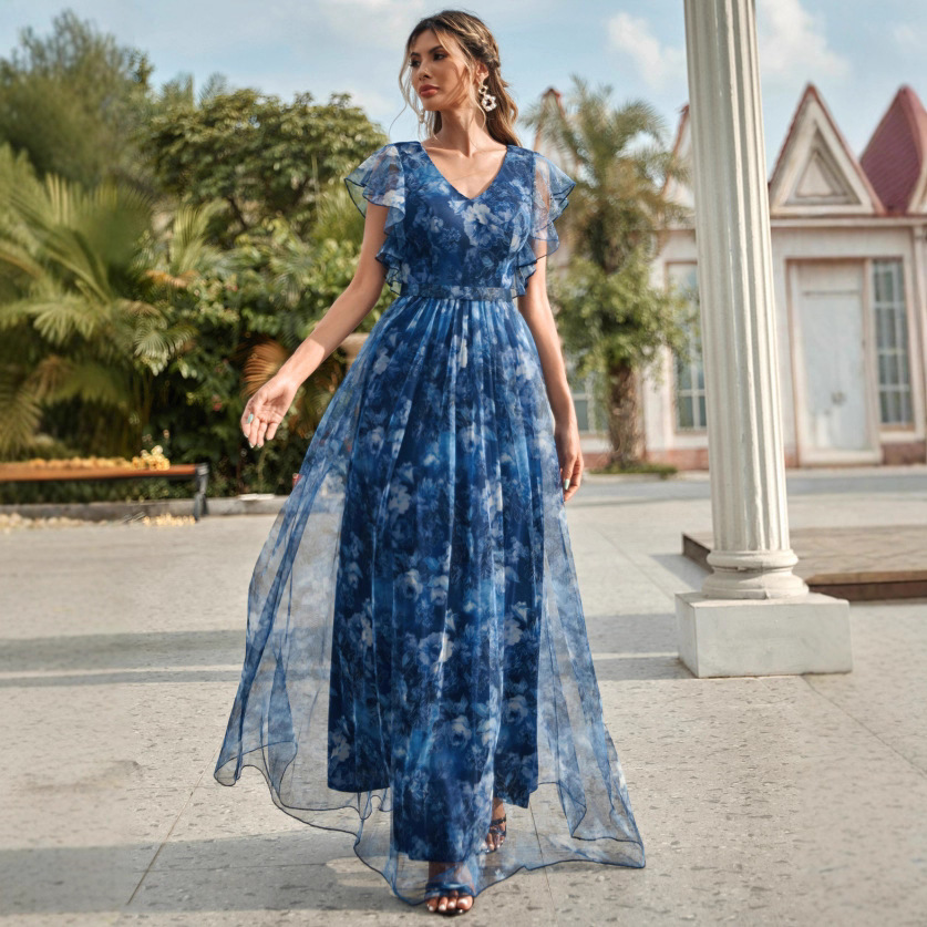 Amazon Evening Dress V Neck Printed Mesh Ruffled Fairy Long Elegant Evening Dress Graduation Season Prom Dress