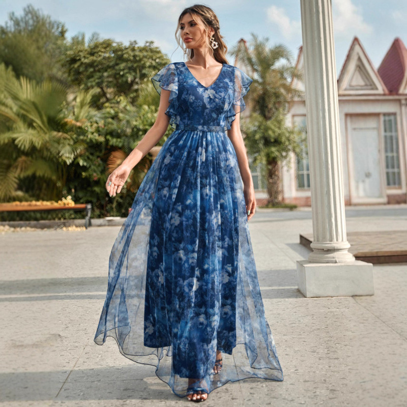 Amazon Evening Dress V Neck Printed Mesh Ruffled Fairy Long Elegant Evening Dress Graduation Season Prom Dress Amazon Evening Dress V Neck Printed Mesh Ruffled Fairy Long Elegant Evening Dress Graduation Season Prom Dress