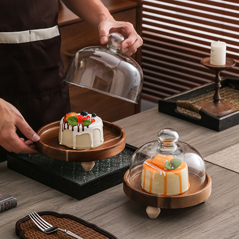 Pastel alto de madera de acacia, postre, tazón de fruta, plato de pan, plato de exhibición de restaurante de hotel, cubierta de vidrio a prueba de polvo