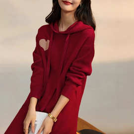 新年红中长款连帽毛衣女慵懒风气质心形撞色连帽抽绳连衣裙女秋冬