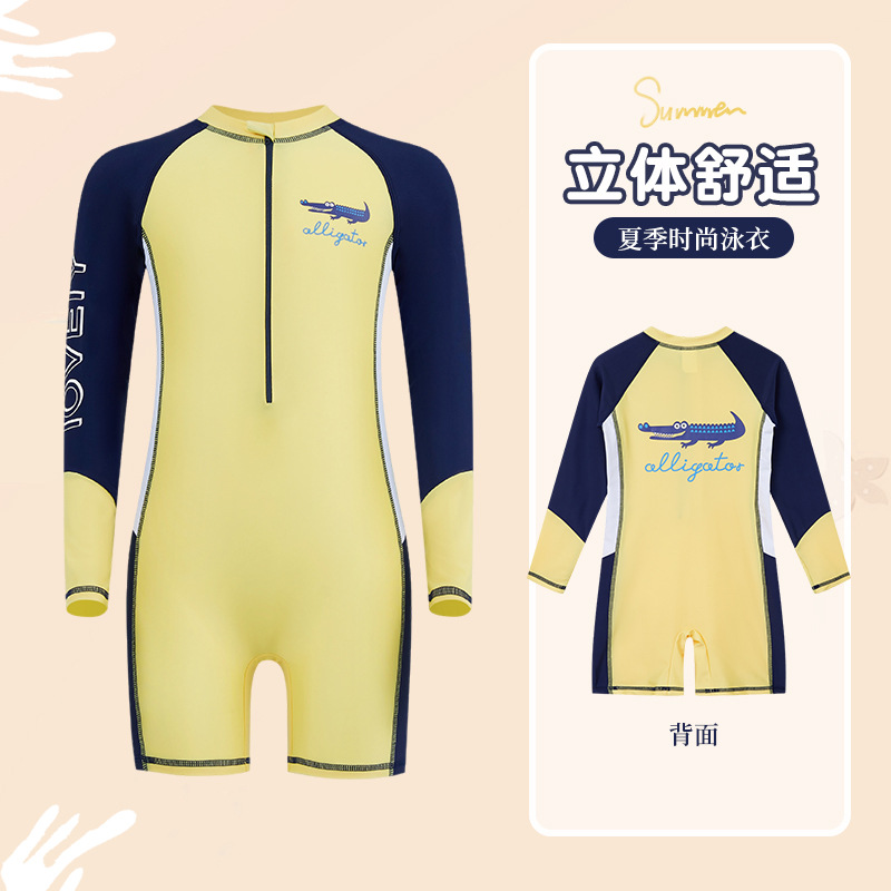 Children's Swimsuit One-Piece 2025 New Training Long-Sleeved Sun Protection Boy's Swimsuit Cartoon Crocodile Print