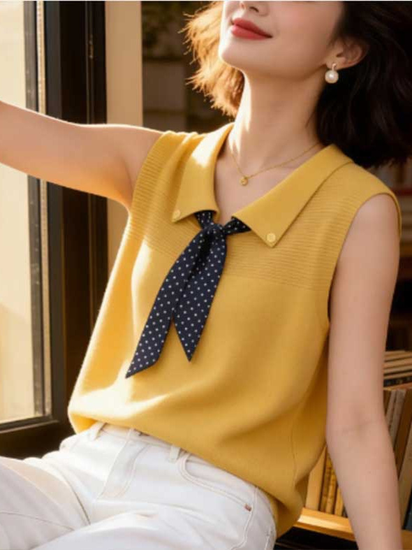 Áo len cổ Polo dệt kim tay ngắn họa tiết chấm bi lụa phối khăn, form rộng thoải mái — Màu ảnh