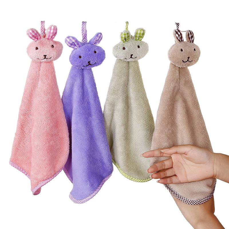 Toalla de mano de conejo de dibujos animados lindo colgante de lana de coral sin pelusa toalla de mano de secado rápido colgando Toalla de plato al por mayor