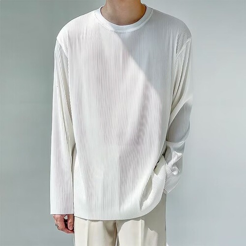 Hanging white long-sleeved t-shirt, men's spring and autumn loose pleated bottom shirt, ins trendy autumn high-end clothes