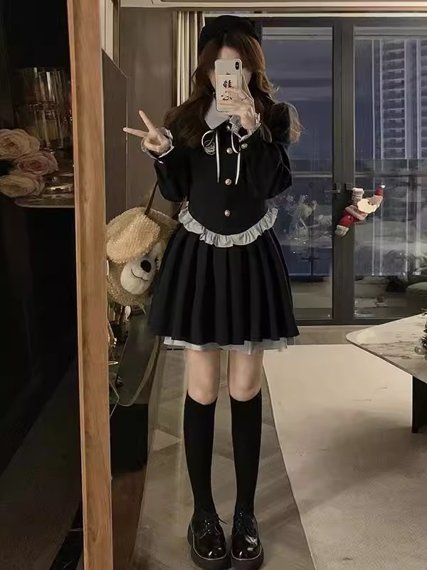 纯欲甜美学院风连衣裙女2025秋冬新款收腰显瘦假两件撞色拼接短裙|undefined
