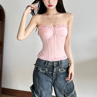 跨境欧美风2025春季新款女装无肩带裹胸褶皱设计性感显瘦打底上衣
