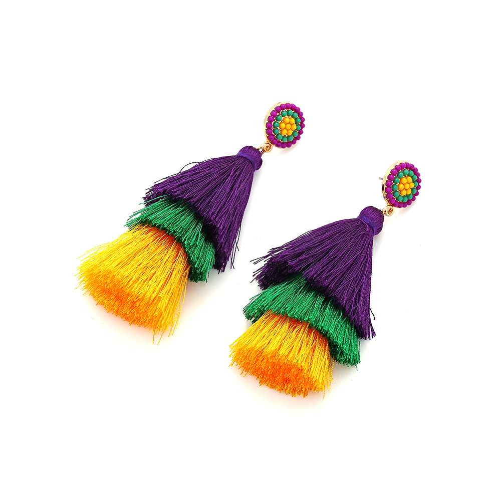 1 Pair Casual Retro Round Tassel Inlay Polyester Zinc Alloy Seed Bead Drop Earrings display picture 2