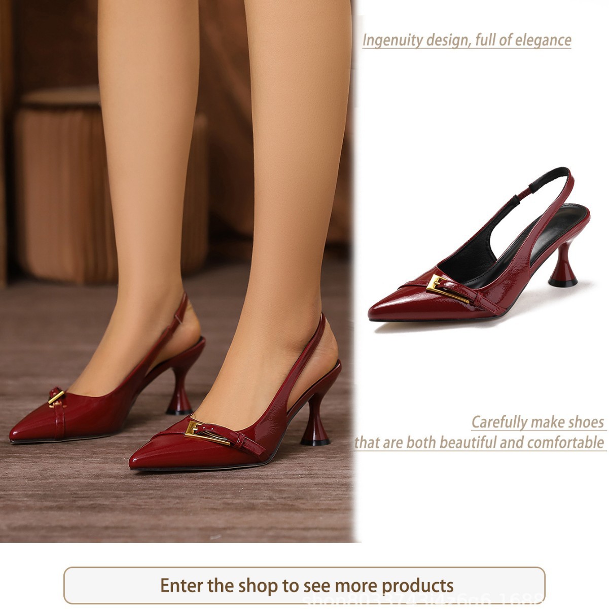 Cross-Border Burgundy Women's Pointed-Toe Stiletto Heels, Patent Leather Versatile Simple Closed-Toe Back-Strap Sandals, Thin-Heeled Sandals