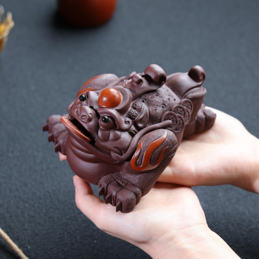 宜兴原矿紫砂鸿运当头招财金蟾蜍茶宠摆件精品可茶养鸿运当头金蟾