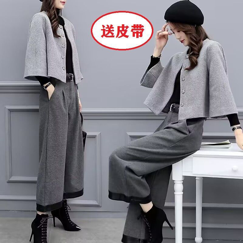 2025新款女装秋冬大码两件套裤毛呢短外套阔腿裤休闲时尚套装女潮