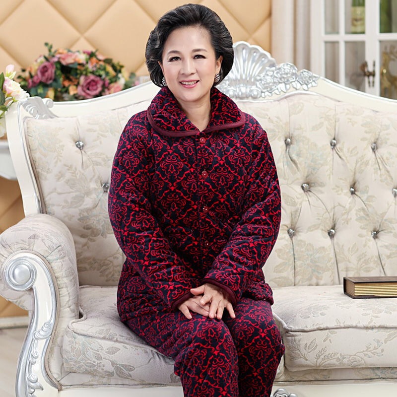 大码女士老年冬季睡衣三层加厚夹棉法兰绒保暖加绒珊瑚绒棉衣棉袄