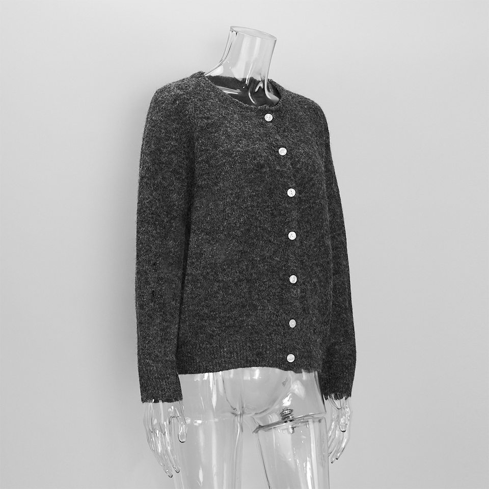 Áo khoác cardigan len nữ cổ tròn dài tay cài một hàng cúc phong cách retro thanh lịch — Màu trắng, Màu xám đậm, Xanh da trời, Xanh lá cây chi tiết 16