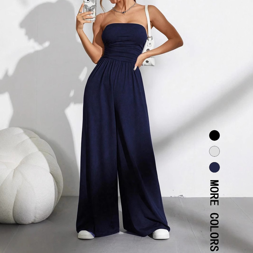 European and American blue wide leg casual jumpsuit women summer jumpsuit