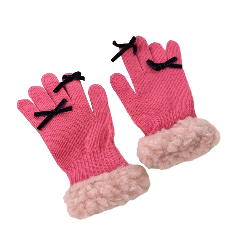 Guantes de punto para mujeres otoño y invierno nuevos guantes de caballo de cordero calientes lindos de moda borde de arco estudiantes de cinco dedos
