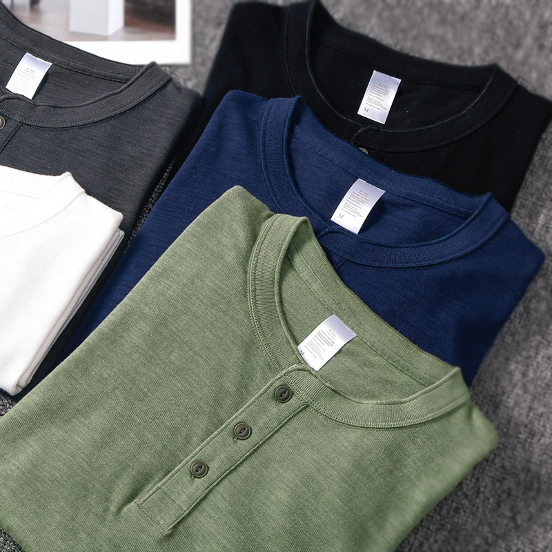 Ameikaji heavy slub cotton men's short-sleeved T-shirt Henry collar American retro loose soft bottoming shirt summer