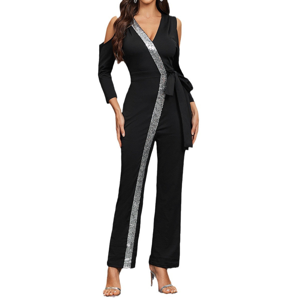 QQH primavera y verano Europa y los Estados Unidos comercio exterior nueva ropa de mujer Amazon manga larga color sólido pantalones casuales negros crossing overalls