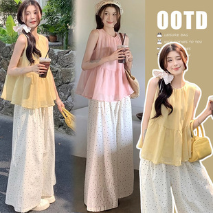 2025 Maternity Wear Summer Korean Style Simple Fresh Fashion Tops ➕ Polka Dot Belly Support Pants Two-Piece Maternity Suit
