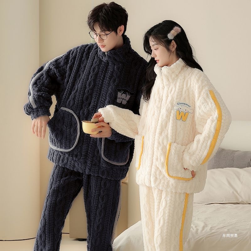 Couple's Thickeneded Pajamas for Women in Autumn and Winter Fleece-Lined to Heattech Korean Style Cute Young Men's Home Clothes That Can Be Worn Outside the Suit