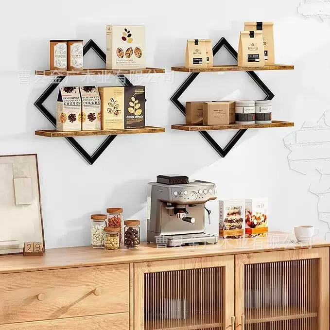 墙上实木收纳架菱形双层壁挂展示架墙面书架装饰隔板架铁艺整理架