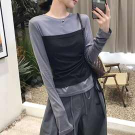 2025新款巨好看假两件长袖t恤女秋季大码胖MM显瘦遮肉感上衣