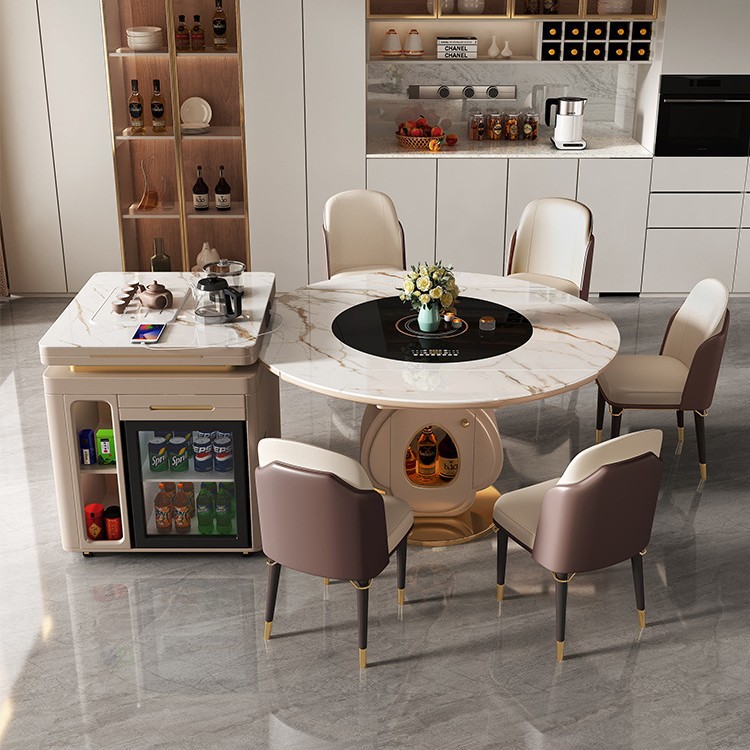 Mesa de mesa de mesa de mesa de isla retráctil Mesa redonda Placa de roca para el hogar Placa giratoria simple moderna Cocina de inducción multifuncional Combinación de mesa y silla de té