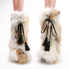 批發2020冬新款女式室外高筒毛毛靴子女士自然色狐狸毛高跟雪地靴