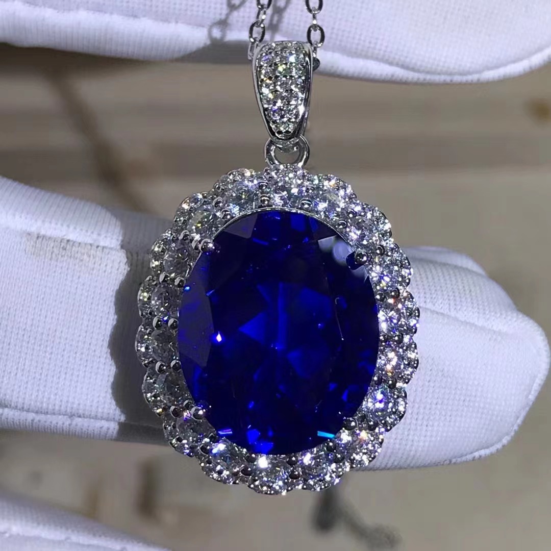 Collar de colgante azul real de corte oval S925 plata incrustado de 15 quilates joyas de zafiro