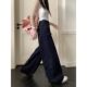 Hong Kong Style Vintage dark blue Loose Wide Leg Jeans Women's Summer Small High Waist Slimming Straight Leg Trousers