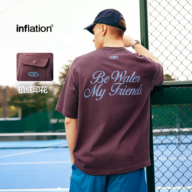 Jiezhan Мужская одежда | Футболка с карманным флокированной принтом 2025 весна и лето новый американский ретро тяжелый свободный короткий рукав мужчина