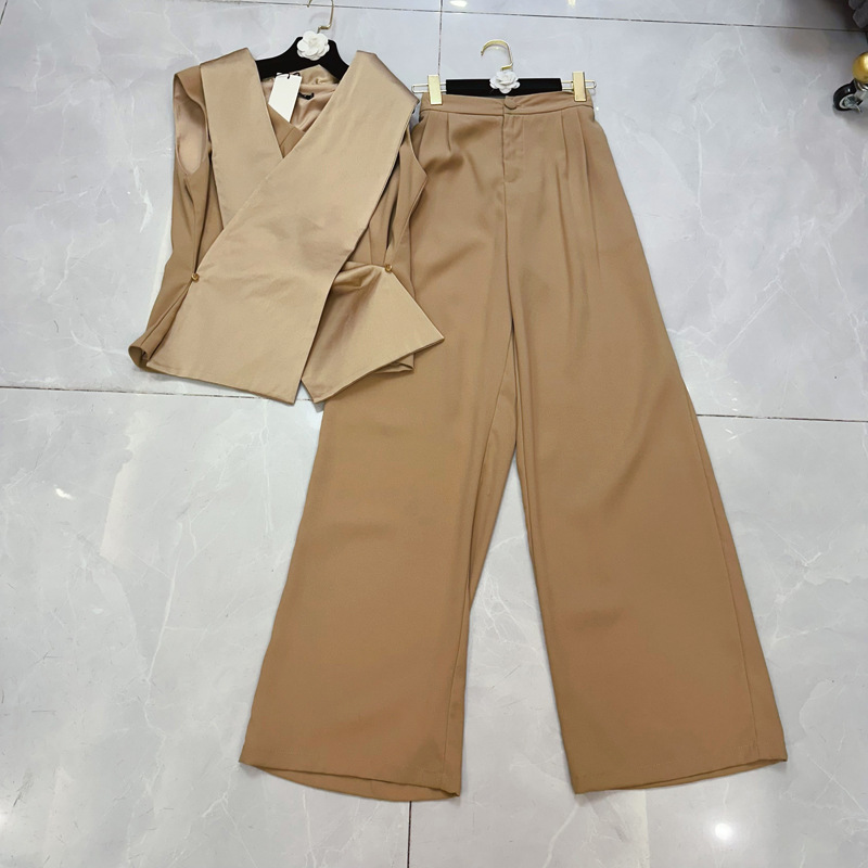 Nanyou ヨーロッパとアメリカのニッチファッションデザイン不規則なベストノースリーブスーツワイドレッグパンツ夏のツーピーススーツ女性用|undefined