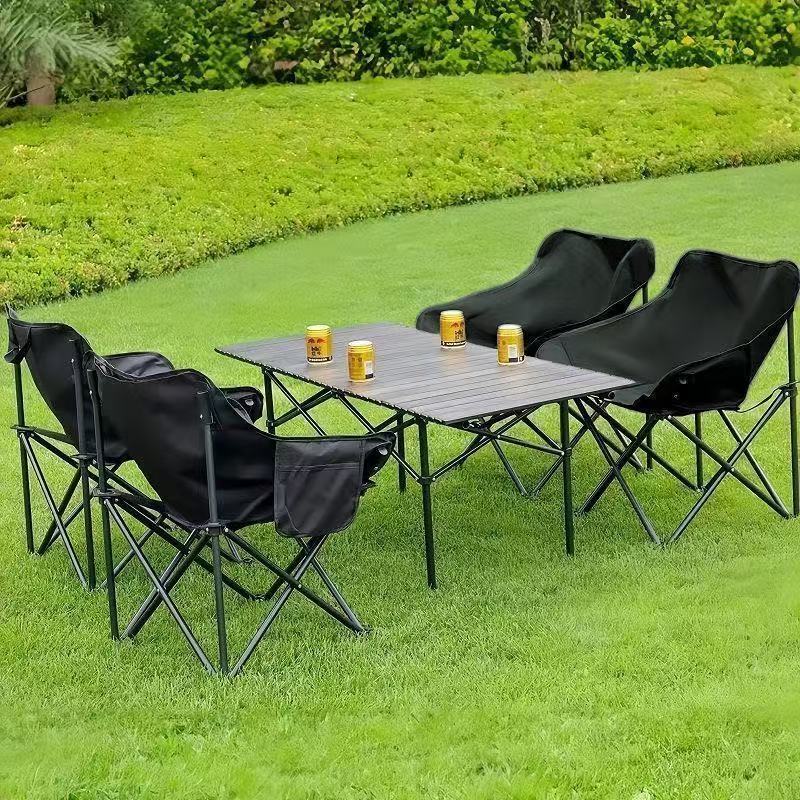Upgraded thickened outdoor folding table and chair set, portable camping equipment, egg roll table and moon chair set, suitable for setting up stalls and picnics, foldable