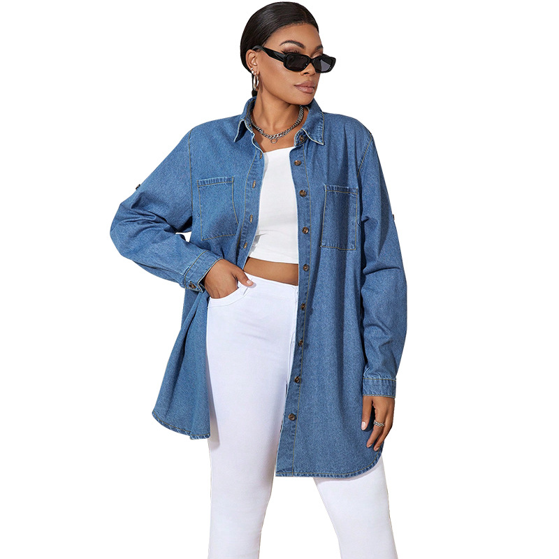 Oversized Jeanshemd Damen Langarm Denim Jacke Casual Bluse_voghion.com