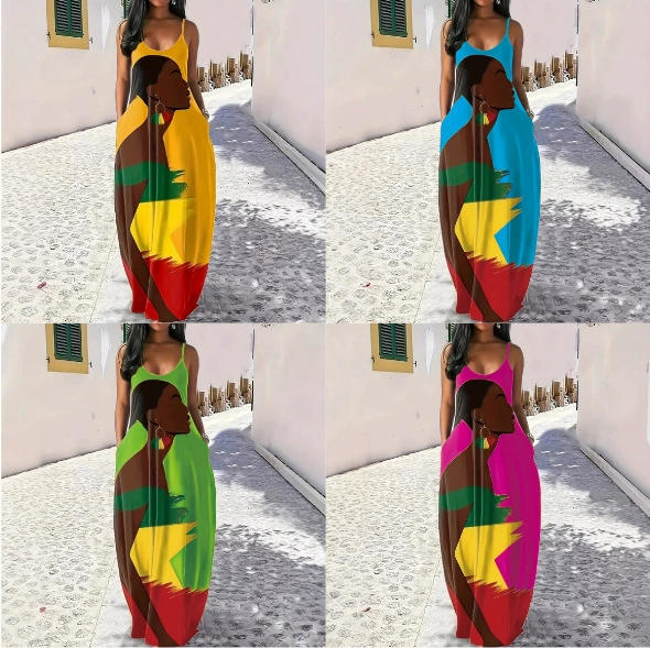 2025 новое европейское и американское платье летняя высокая талия темперамент пригородного ветра подтяжка длинное платье с принтом лица