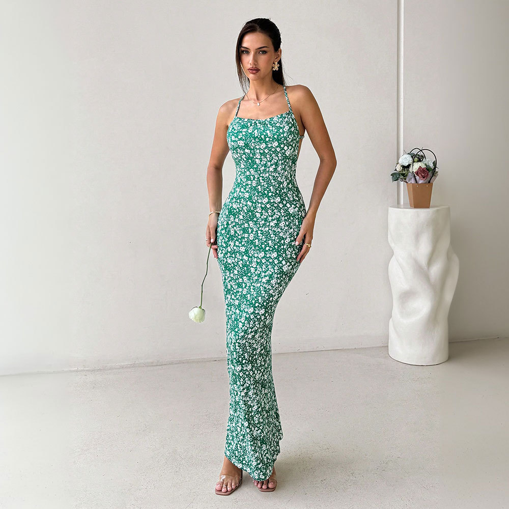 Floral Print Backless Dress Sweet and Fresh Design Summer Vacation Style Wholesale Available fast shipping