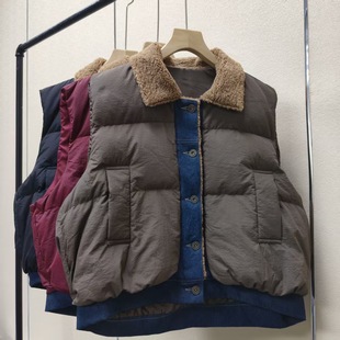 Lamb Wool Lapel down Vest for Women 2025 Autumn and Winter Outer Wear Fashionable Denim Splicing Warm Waistcoat Western Style Vest