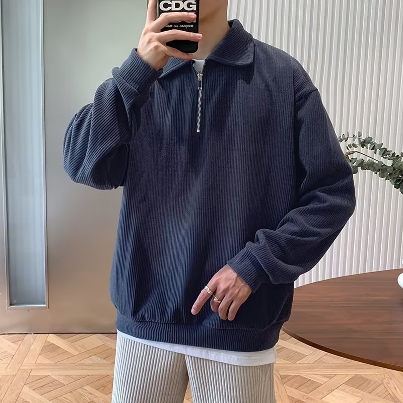 Half Zip Long Sleeve T-shirt Men Spring and Autumn New Loose Top for Men's Fashion Brand Casual Polo Neck Sweater_voghion.com