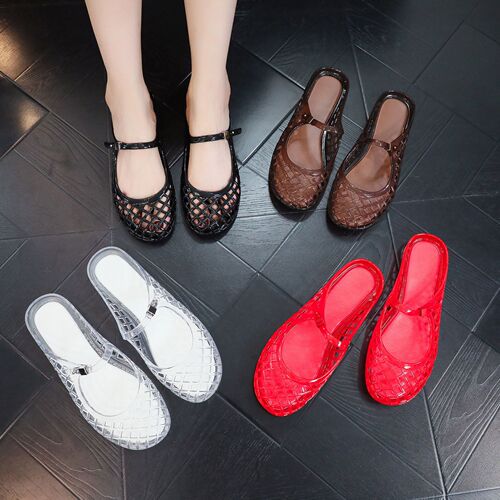 2025 new European and American style single lightweight luxury water-resistant pomegranate red Mary Jane jelly sandals for women, crystal shoes