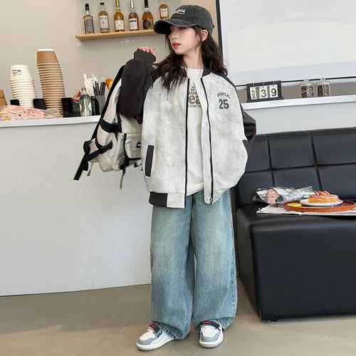 Baby Girl Korean Style Fall Wear Versatile Trendy Cardigan Top for Middle Children Spring and Autumn New Fashion Letter Patchwork Outerwear