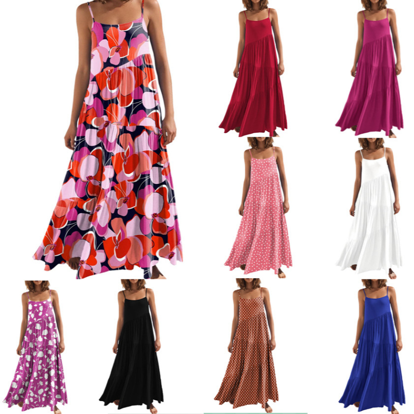 아마존 해외 여성복 유럽풍 루즈핏 원피스 멜빵 비치 솔리드 컬러 플리츠 롱스커트 날씬해 보이는 패셔너블한 분위기