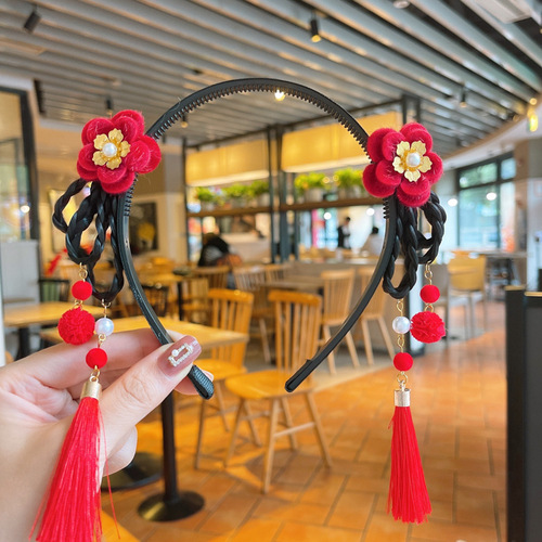 Baby wig braid tassel flower headband girls New Year red hair accessories children ancient style Hanfu style headband