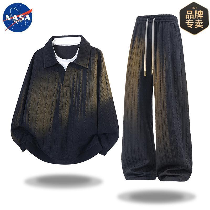 NASA品牌男士大码提花卫衣肌理感套装春秋季宽松高级感卫衣两件套|undefined