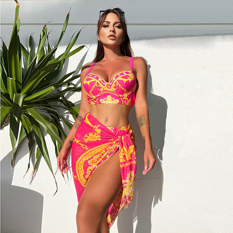 Retro Printed Sexy Bikini Mesh Lace-up Three-piece Swimsuit - Image 3