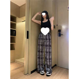 大码女装复古花纹阔腿裤女压褶风格新款高腰显瘦格子裤百搭遛弯裤