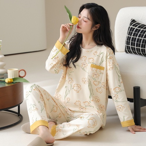 Women's 100% Cotton Pajamas for Autumn: Long-Sleeve, Long-Style Cartoon Design with Chest Pads—Cute, Wearable Home & Outfit Set