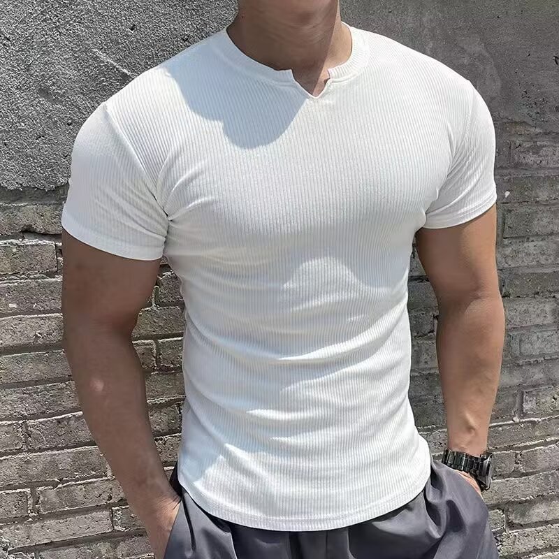 螺纹运动领短袖男质感纯色T恤衫修身弹力速干跑步健身服恤打底衫