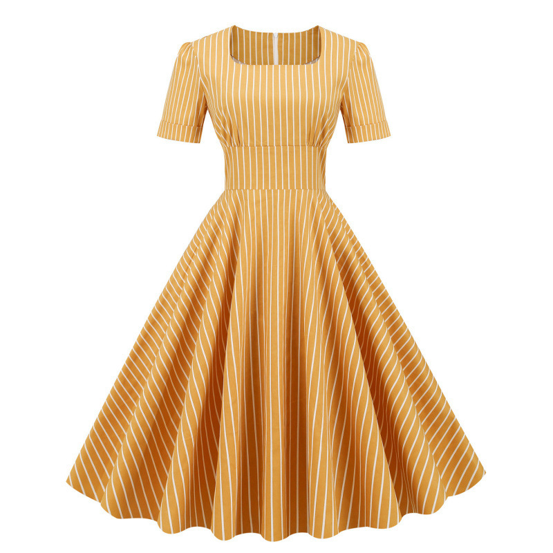 European and American 1950S Retro Hepburn-Style Square-Neck Striped Sexy Slim-Fit High-Waisted Elegant Picnic Dress for Women