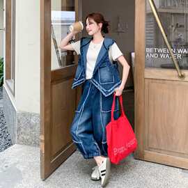 美式连帽流苏牛仔马甲阔腿裤套装女夏季2026新款酷飒风超火两件套