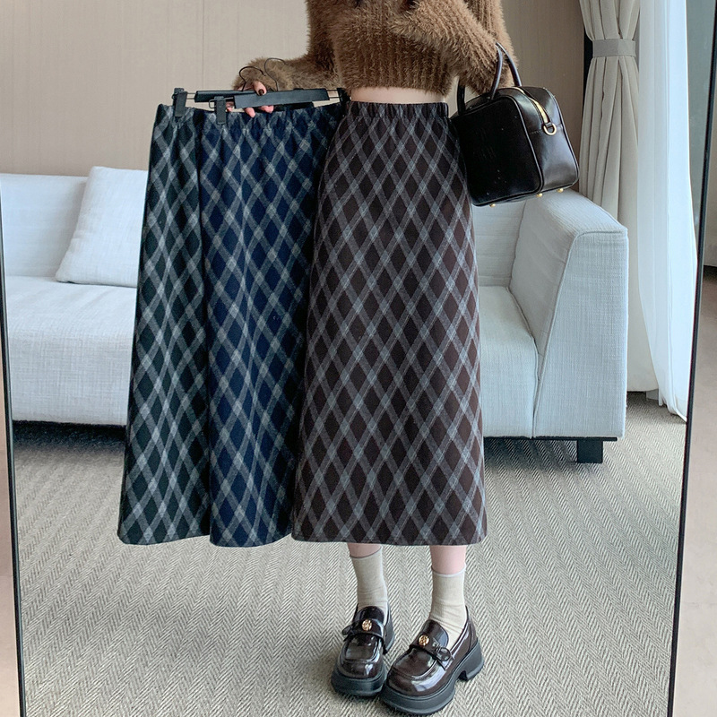 毛呢格子半身裙女秋冬季2025新款高腰显瘦休闲a字中长款包臀裙子|undefined