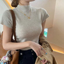 灰色半高领短袖恤女装内搭2025夏季新款修身高级感针织打底上衣