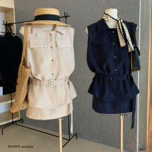 WGWE6743Cozy的浪漫格调~工装翻领无袖衬衫上衣背心裙裤套装